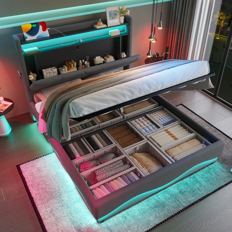 Cama tapizada de terciopelo gris oscuro 140x200 cm con LED, almacenaje integrado, somier elevable y puertos USB/Type-C (1/5)