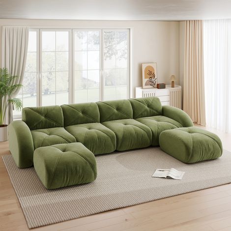 Canapé modular en U de chenilla verde, 4 plazas con 2 pufs, sin montaje (1/5)