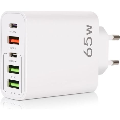 USB-C-Ladegerät, 65 W, 5-Port-USB-C-Ladegerät mit Smart QC 3.0 Schnellladefunktion, USB-Netzteil für iPhone 15, 14, 13, 12, 11 Pro Max, SE 2020, XS, XR, 8, 7 und Samsung (1/4)