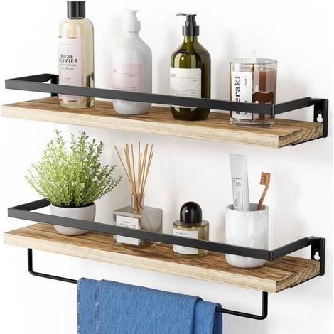 Juego de 2 estantes de pared de madera y metal con toallero extraíble para baño, sala de estar, dormitorio y cocina.