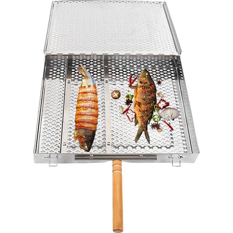 Panier de barbecue avec poignée pliable en acier inoxydable – Outils cuisson pique-nique grill à 3 grilles séparateur amovible pour banquet, dîner, camping A : Poignée Unique - (1/5)