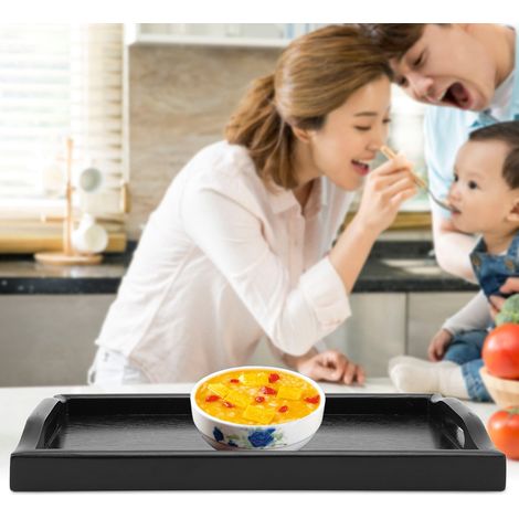 Plateau de service rectangulaire en bois massif, noir, forme binaire portable, pour thé, café, snacks et aliments, plateau de présentation polyvalent. (1/5)