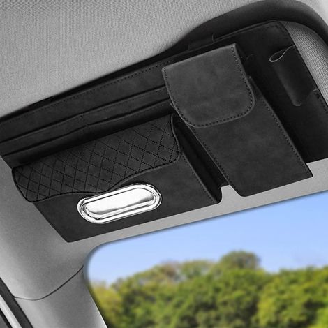 Portaocchiali da auto, clip per occhiali da sole, organizer per parasole, porta fazzoletti, con tasca per occhiali da sole, scomparto per carte e portapenne (nero). (1/5)