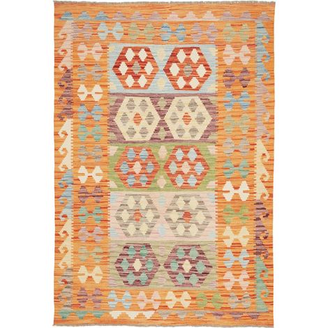 Tapis kilim 124 x 183 cm, motif ethnique, multicolore, bleu, orange, en laine naturelle tissée à plat (1/5)