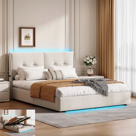 Lit double 140 x 200 cm avec sommier à lattes et espace de rangement, Lit coffre avec LED et Pochette, Lit Adulte, Velours Beige (1/5)