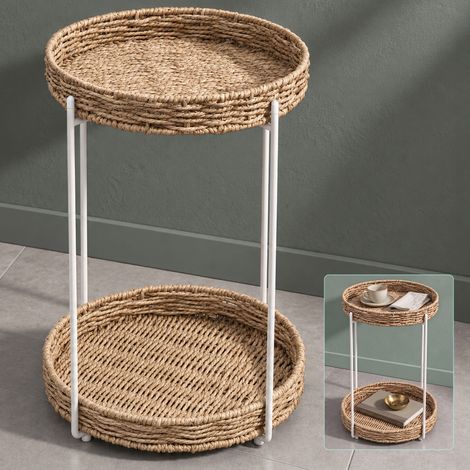 Mai & Mai Étagère de Sol Pliable Table d’Appoint Ronde de Rangement en Acier au Carbone 2 Plateaux en Corde de Papier Petite Table Basse Blanc 37×55 cm Reglo-08
