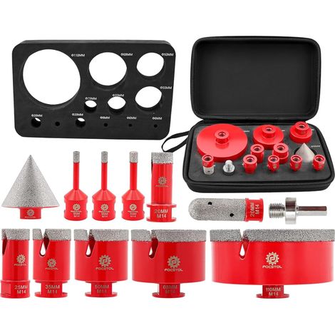 Foret Diamant Carrelage Kit - 12 pièces (6/6/8/20/25/35/50/68/110mm+20mm Fraise+50mm Mèches Chanfrein Biseautées+Adaptateur) Scie Cloche Diamantée pour Porcelaine Carrelage Marbre Granit (1/5)
