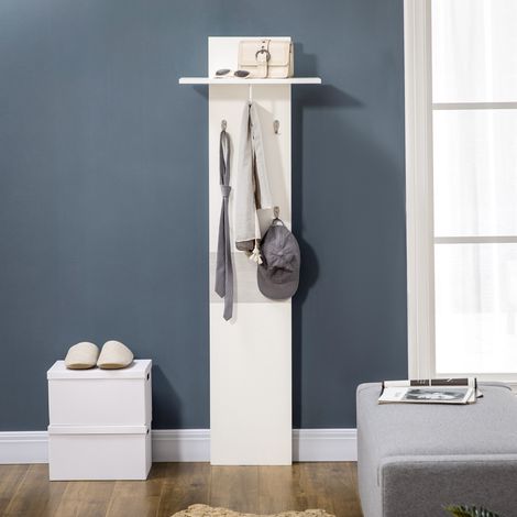 Appendiabiti da parete HOMCOM con 4 ganci e mensola con barra in alluminio per ingresso, 50x23,5x160 cm, bianco. (1/5)