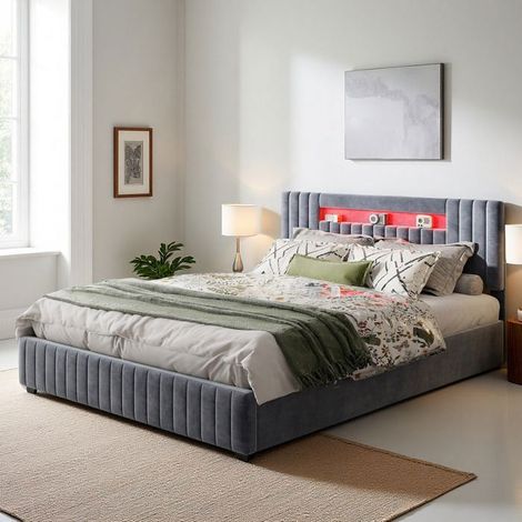 Cama 140x190 - Cama Cofre Hidráulica - Cabecera de Cama de Terciopelo Gris - iluminación LED - 2 Plazas