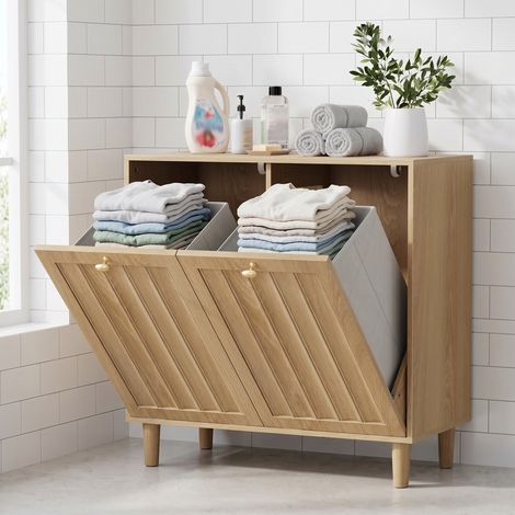 URBAN MEUBLE Meuble Panier à Linge Basculant avec Sac Amovible, Étagère de Salle de Bain, Effet Chêne