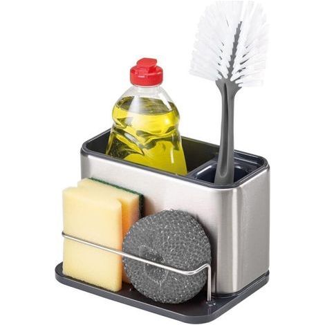 Surface - Rangement/Organiseur pour évier, porte éponge, support pour brosse et liquide vaisselle, vidange de l'eau- Acier Inox résistant aux empreintes digitales, Blanc, Grand modèle (1/4)