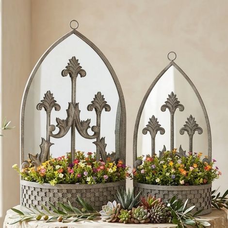 62/52cm Metal Planters with Mirror (Set of 2) - L15 x W45 x H62 cm