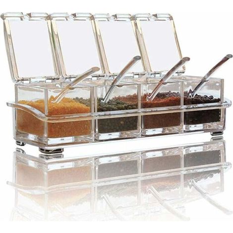 BRAVIX Gewürzbox-Set, 4-teilig, transparente Flaschen, Salz- und Gewürzgläser, Küchengewürzbehälter mit 4 Löffeln, Deckel und Löffel (1/5)
