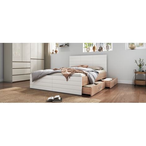 Lit double en bois 140×200 cm avec 2 tiroirs, lit moderne avec cadre de lit et sommier à lattes - 207×80×145 cm (L×H×B), ensemble chêne/blanc (sans matelas) (1/5)