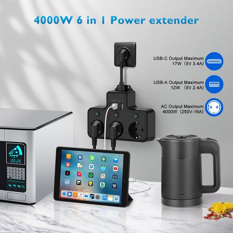 Prise Multiple avec Interrupteur Individuel, Multiprise avec USB C 3 Prises et 3 USB Chargeurs, Multiprise électrique Murale Adaptateur Prise USB Multiple Câble Court 0,1M pour Cuisine,Bureau (1/4)