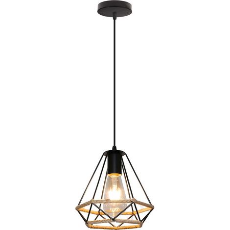 Lustre Rétro En Diamant Noir, Lampe À Suspension En Corde De Chanvre 20CM Plafonnier D'Intérieur Pour Chambre À Coucher Loft (1/5)