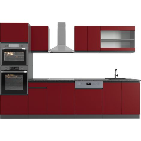 Mueble de cocina R-Line, Rojo/antracita, 300 cm con armario alto, ET Antracita, Vicco