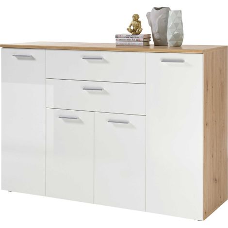 Commode Lobi 4 portes 2 tiroirs - blanc brillant/bois