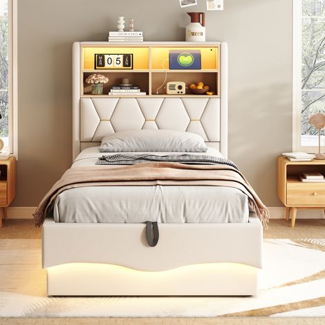 Lit Capitonné 90x200cm - Avec LED, USB & Rangement Hydraulique - Pour Enfant, Chambre - Beige (1/5)