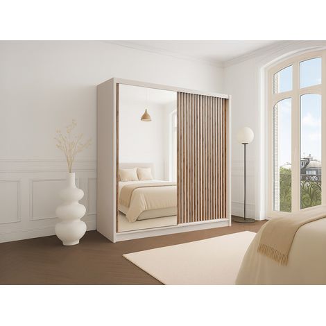 Armoire 2 portes coulissantes - Avec miroir - L203 cm - Coloris : Beige et naturel - CALOWI (1/4)