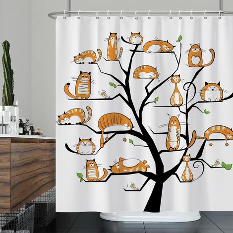 180x180cm Arbre à Chat Rideau de Douche Ensemble Orange Mignon Chaton Rideau de Bain Aquarelle drôle Animal de Compagnie Chat Rideaux de Douche Lavable Rideau de Baignoire (1/5)
