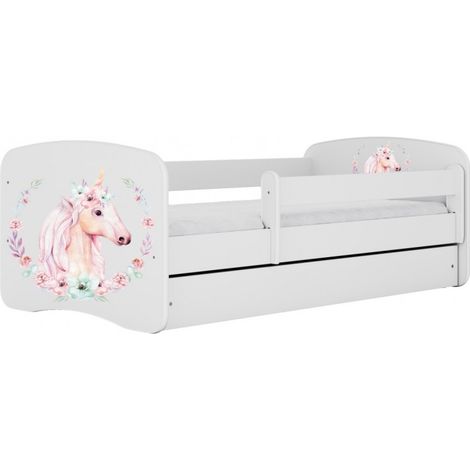 HAPPY - White children's bed, horse design, 140 x 80 cm base + mattress + drawers (1/4)