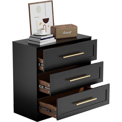 Kommode mit 3 Schubladen, modern, schwarz, MDF, mit goldenen Griffen (1/5)