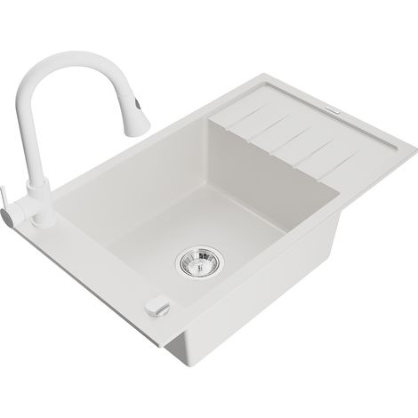 Mexen Elias fregadero de granito de 1 cubeta con escurridor y grifo de cocina Elia, blanco - 6511-20-670101-20