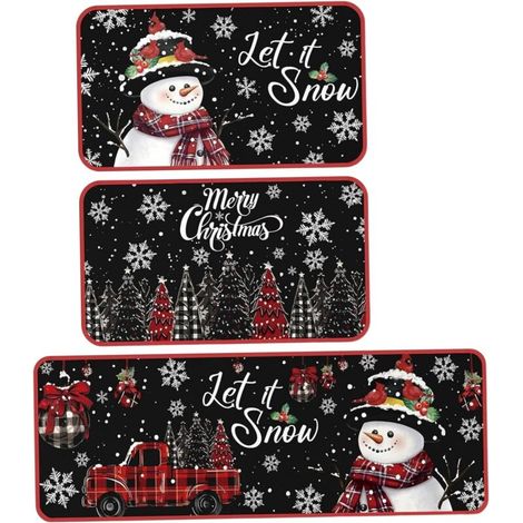 RHG Tapis de Cuisine de Noël Ensembles 3 Tapis Cuisine Snowman & Red Truck Mat Soft Slip Machine Washable pour Sol, Porte, Couloir (1/5)