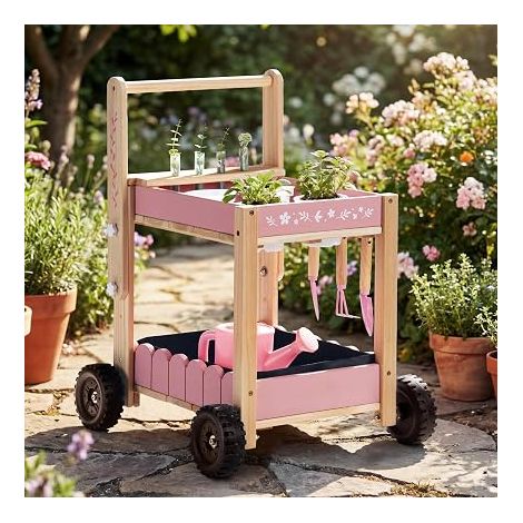 Chariot de jardin en bois pour enfants, avec 4 gobelets et 4 tubes à essai hydroponiques, arrosoir, 3 outils de jardin, étiquettes pour plantes et cartes de protocole de plantation (1/5)