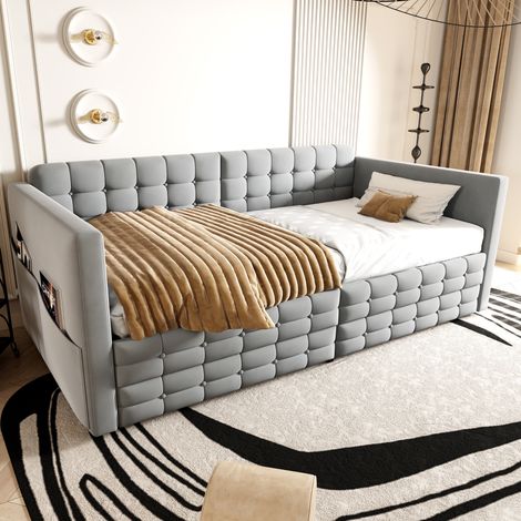 Lit coffre 90x190 avec tiroirs, velours gris clair HAVRYA (1/5)