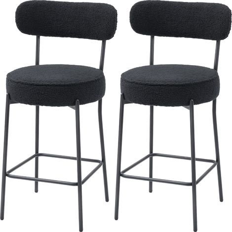 Ensemble de 2 tabourets de bar revêtus de tissu bouclé, avec dossier incurvé et repose-pieds, 49 x 52 x 95 cm, noir