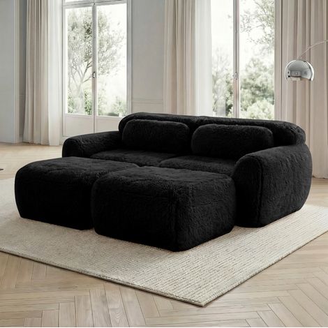 Sofá modular de tejido peluche negro con 2 otomanas, sin montaje, 204 x 179 x 73 cm (1/5)
