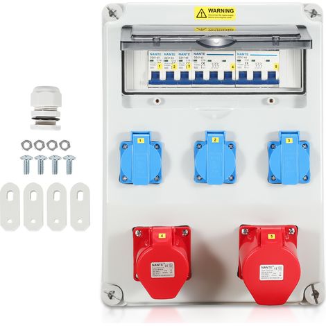 Swanew – Coffret de chantier avec disjoncteur 40A 30mA – 1 prise CEE 32A, 1 prise CEE 16A, 3 prises Schuko 230V – IP44, plastique ABS résistant
