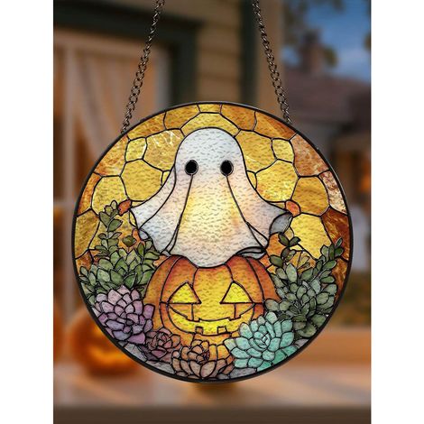 Attrape-soleil en vitrail fantôme et citrouille, décoration fenêtre 15cm (1/5)
