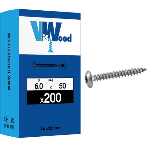 Vis de penture empreinte Torx acier zingué blanc entièrement filetées, dimensions 6 x 50 en boîte de 200 pièces - VISWOOD (1/4)