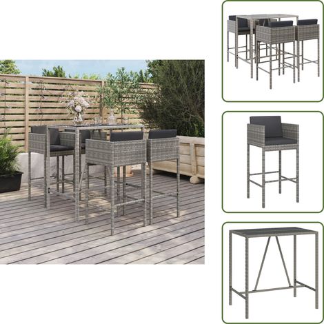 Ensemble de bar de jardin 5 pcs avec coussins gris poly rotin - Ensemble Salon De Jardin - Mobilier De Jardin - Set De Bar Extérieur - Table Et Chaises De Jardin - Résine Tressée (1/5)