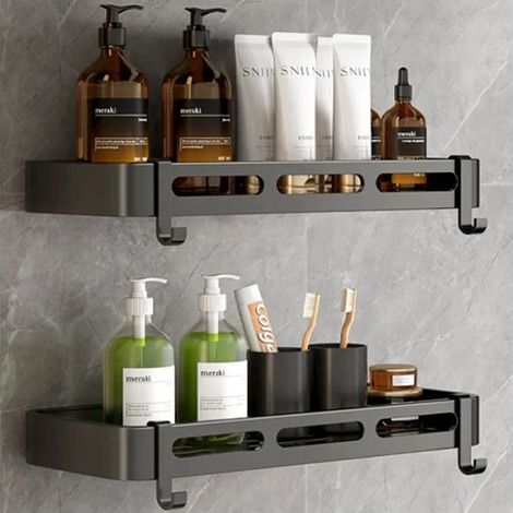 Wandmontiertes Aufbewahrungsregal für Toilette, Badezimmer, ohne Bohren, Badezimmer, Küche, zweilagig (Schwarz) (1/5)