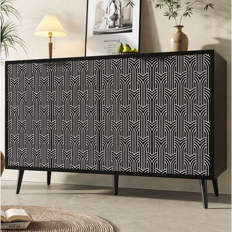 Aparador de salón, aparador negro con puertas talladas en espiga, manijas y patas de metal, para salón, dormitorio, cocina (1/5)