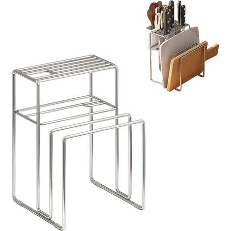 Organisateur de cuisine en acier inoxydable pour plan de travail - Porte-planches à découper - Bloc à couteaux - Étagère de cuisine - Pour couteaux, planches à découper et baguettes - Petits ustensile (1/5)