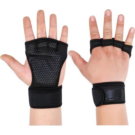 Gants de musculation haltères antidérapants mi-doigts avec protection renforcée poignet noir taille M (1/5)