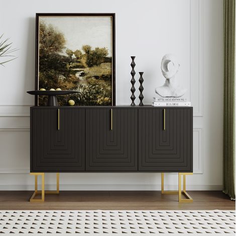 Sideboard 3 Türen Schwarz Aus Mdf Mit L-Fuß Aus Metall Und Goldenen Griffen – Modularer Stauraum (1/5)