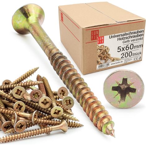 Vis à Bois 5,0x60 mm - 200 Pièces - Acier Zingué Jaune - Tête Fraisée PZ2 - Pour Terrasse et Menuiserie - Fixation Universelle (1/5)