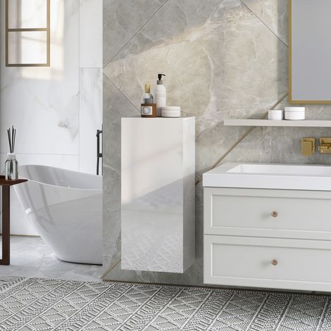 Meuble Mural Salle de Bain, Étagère Verre Trempé, Porte sans Poignée, 30x23,4x71,2 cm, Blanc (1/5)