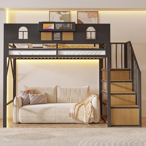 Lit mezzanine Noir 90x200 cm avec escalier de rangement et LED - lit superposé avec escalier avec meuble de rangement - gain de place pour ado et adulte (1/5)
