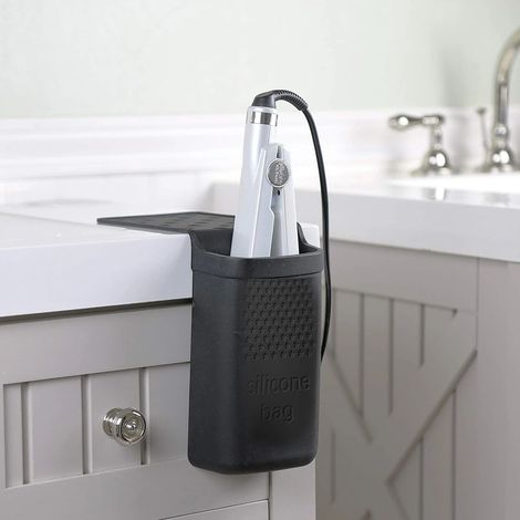 Support en silicone pour fer à friser avec ventouse - Sac de rangement mural résistant à la chaleur pour appareils chauffants - Organisateur de salle de bain noir
