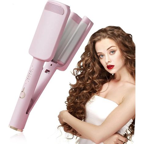 Fer à boucler pour femme - Fer à boucler à 3 cylindres - Fer à boucler en forme de U - 4 réglages de température - Ions négatifs en céramique - Protection anti-brûlure - Pour cheveux courts et longs -
