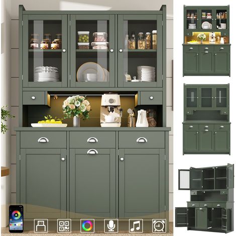 Armoire de cuisine connectée 180x120 cm avec LED pilotable, Buffet de cuisine haut  3 portes vitrées et grand rangement – Meuble haut pour cuisine, salon ou salle à manger