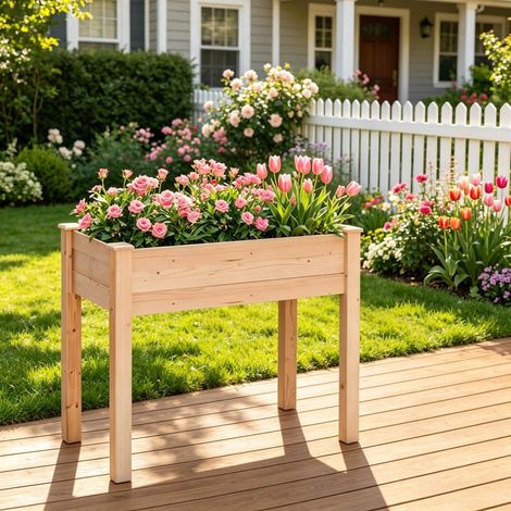 Bac potager surélevé 86x46x76 cm en bois naturel, facile à monter pour jardin FloraGrace (1/5)