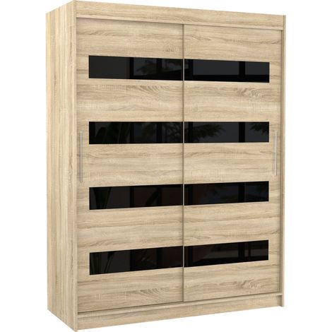 Armoire de chambre à coucher naturel 2 portes coulissantes naturel mat et noir laqué Zanko 150cm (1/5)